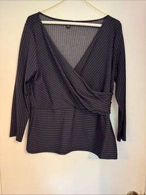 Women’s Navy Knit Pinstripe Wrap-Front Top